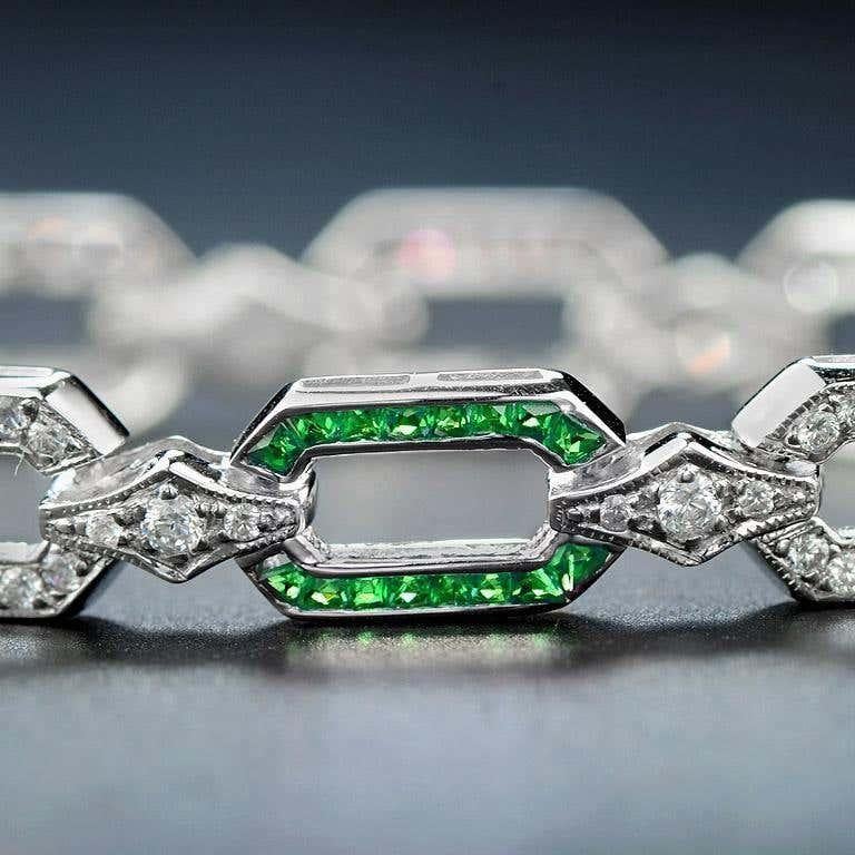 Art déco Green Emerald & Diamond Art Deco Style Inspired Link 14K White Gold Bracelet en vente