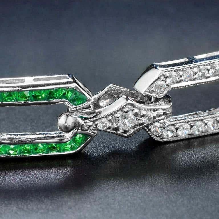 Green Emerald & Diamond Art Deco Style Inspired Link 14K White Gold Bracelet Neuf - En vente à Oakton, VA