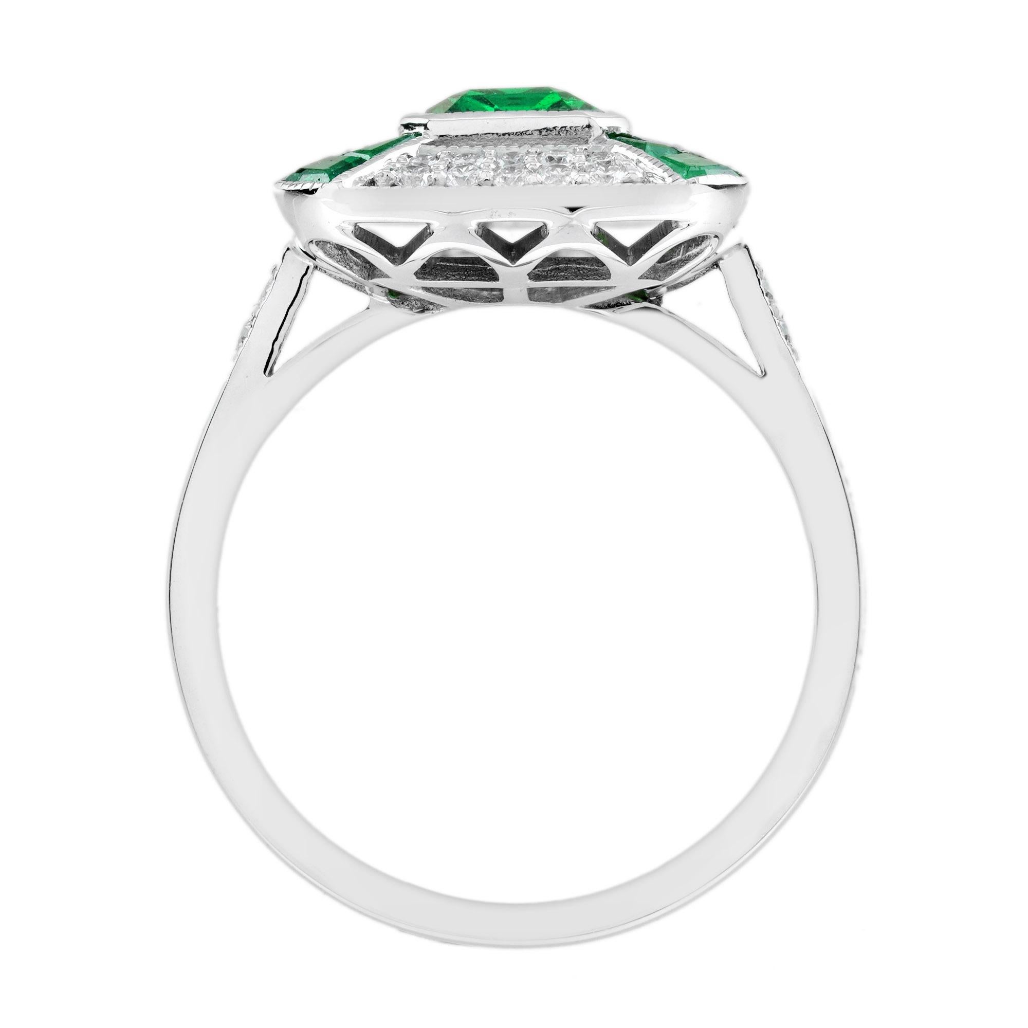 Esmeralda verde y diamante Estilo Art Déco Octágono engastado Anillo de oro blanco en Nuevo estado para la venta en Oakton, VA