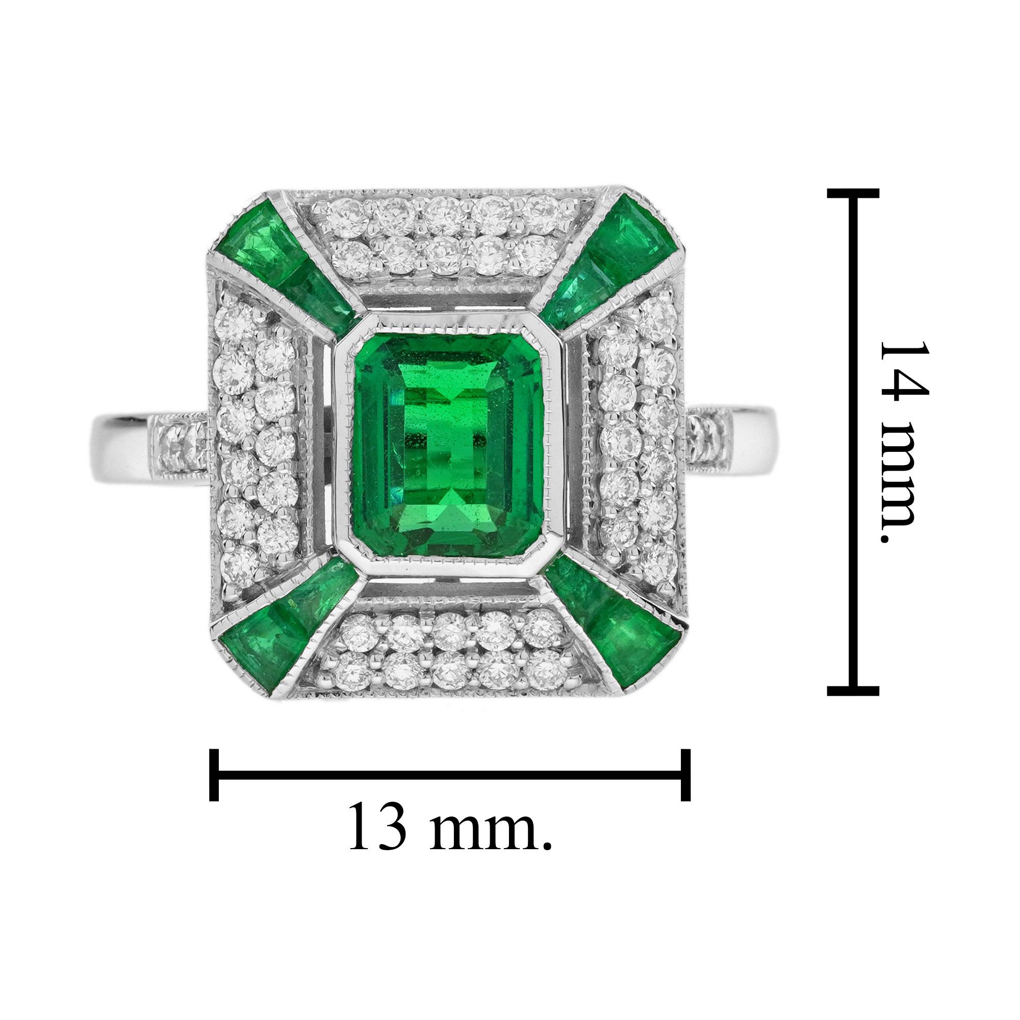 Esmeralda verde y diamante Estilo Art Déco Octágono engastado Anillo de oro blanco en venta 3