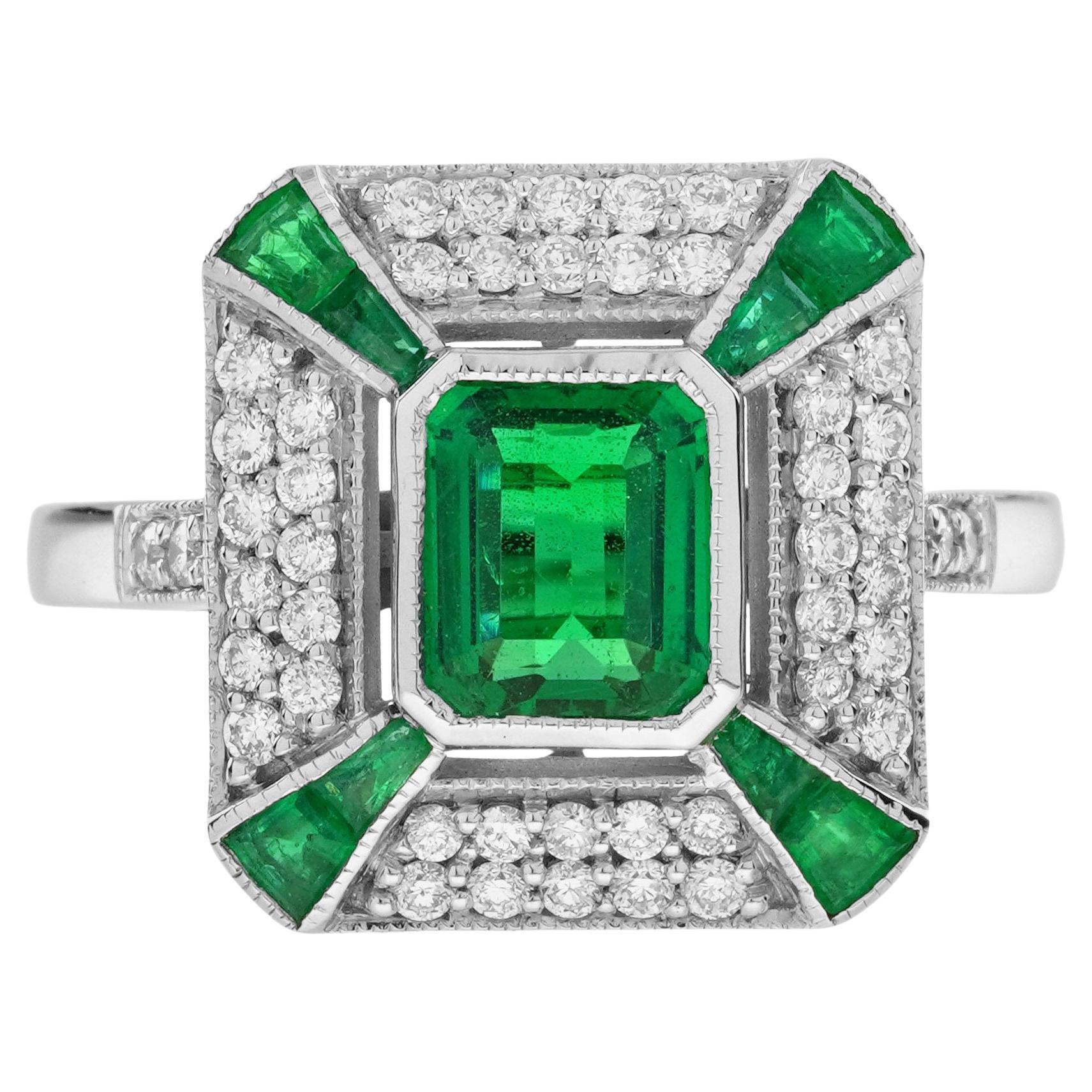 Esmeralda verde y diamante Estilo Art Déco Octágono engastado Anillo de oro blanco en venta