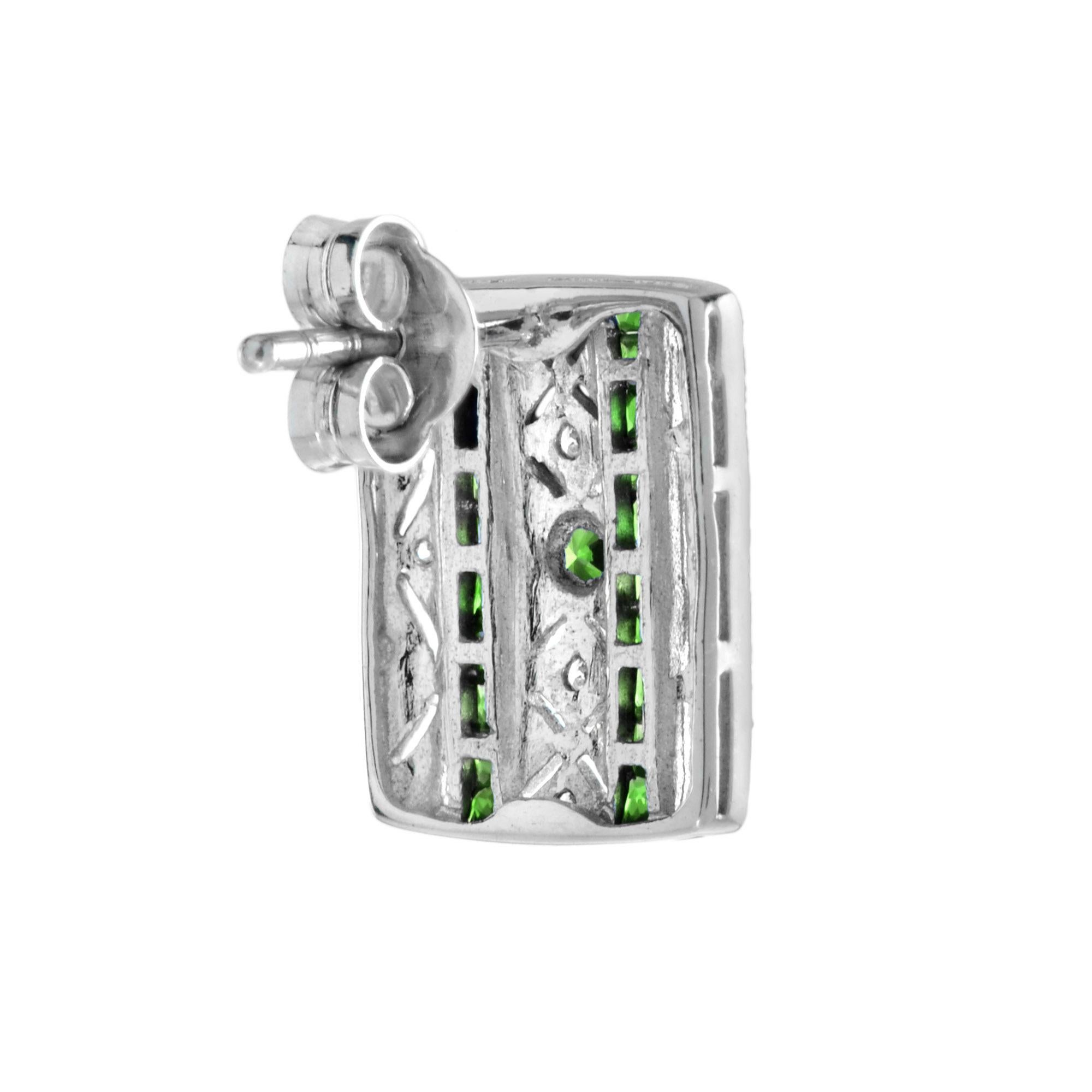 French Cut Green Emerald & Diamond Art Deco Style Square 14K White Gold Stud Earrings For Sale