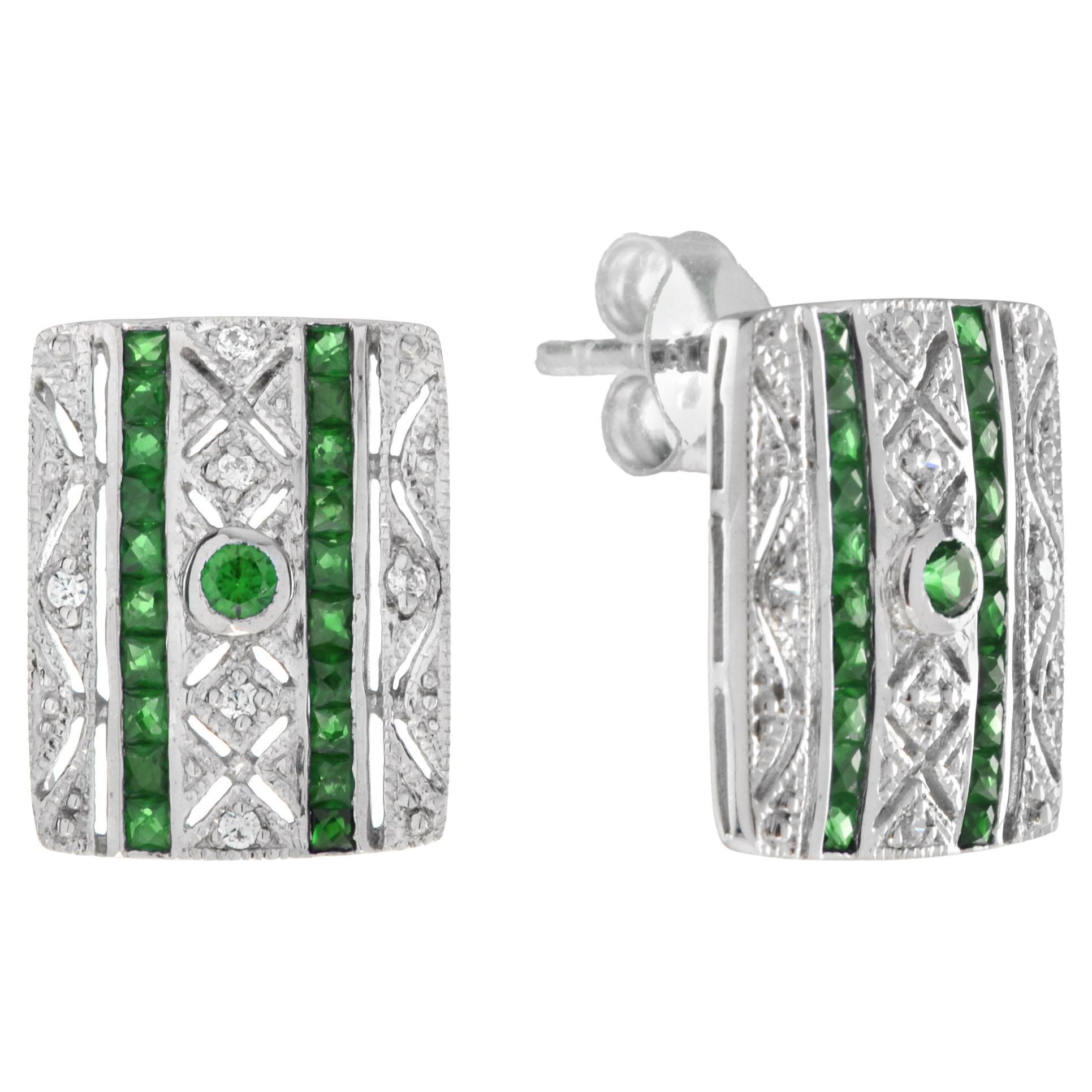 Green Emerald & Diamond Art Deco Style Square 14K White Gold Stud Earrings For Sale