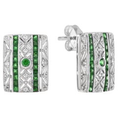 Green Emerald & Diamond Art Deco Style Square 14K White Gold Stud Earrings