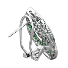 Green Emerald & Diamond Curve Art Deco Inspired Omega Back White Gold Earrings