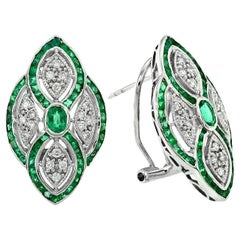 Green Emerald & Diamond Curve Art Deco Inspired Omega Back White Gold Earrings