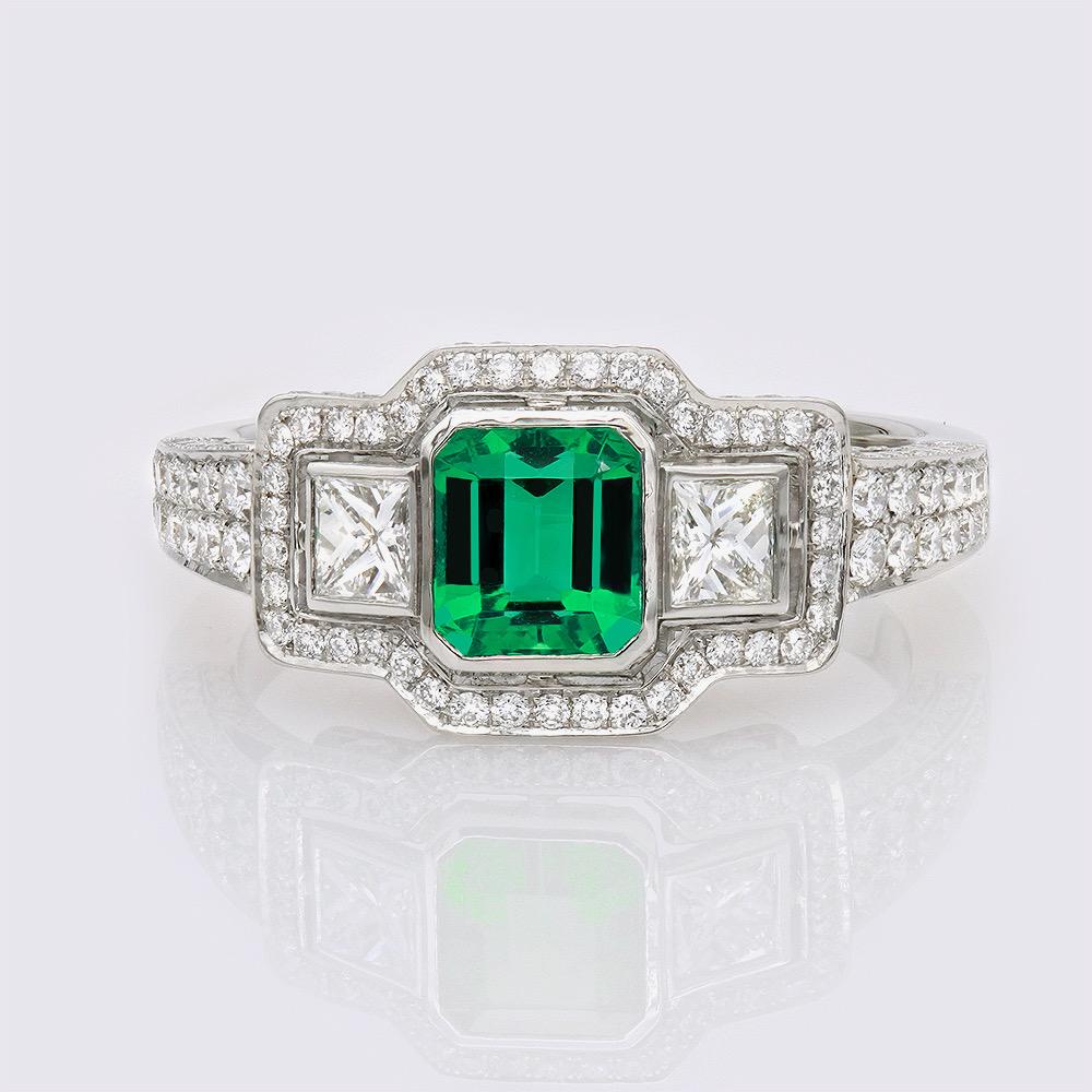 Women's Green Emerald Diamond Engagement Ring Handmade Platinum