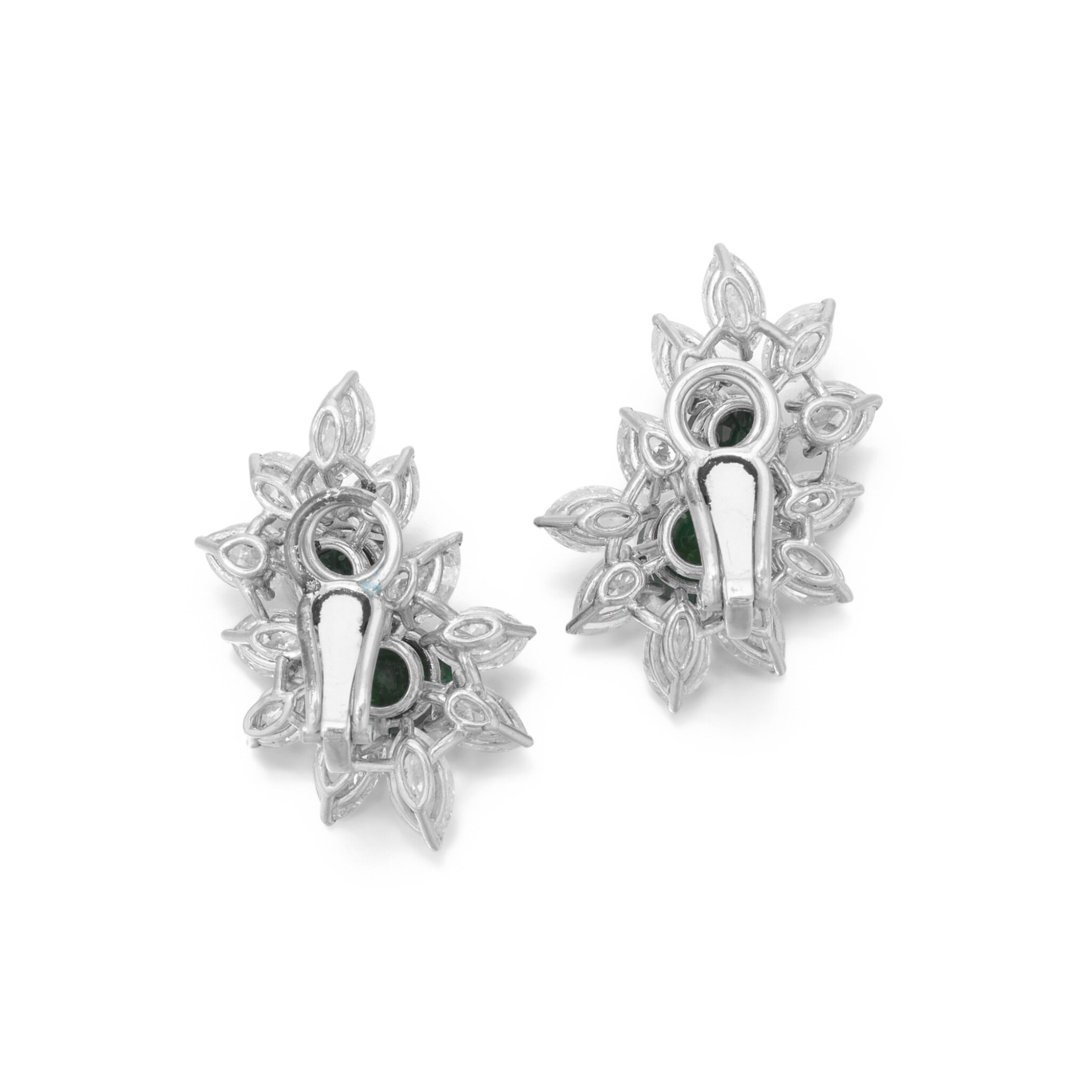 Round Cut Green Emerald Diamond Floral Design Earrings For Sale