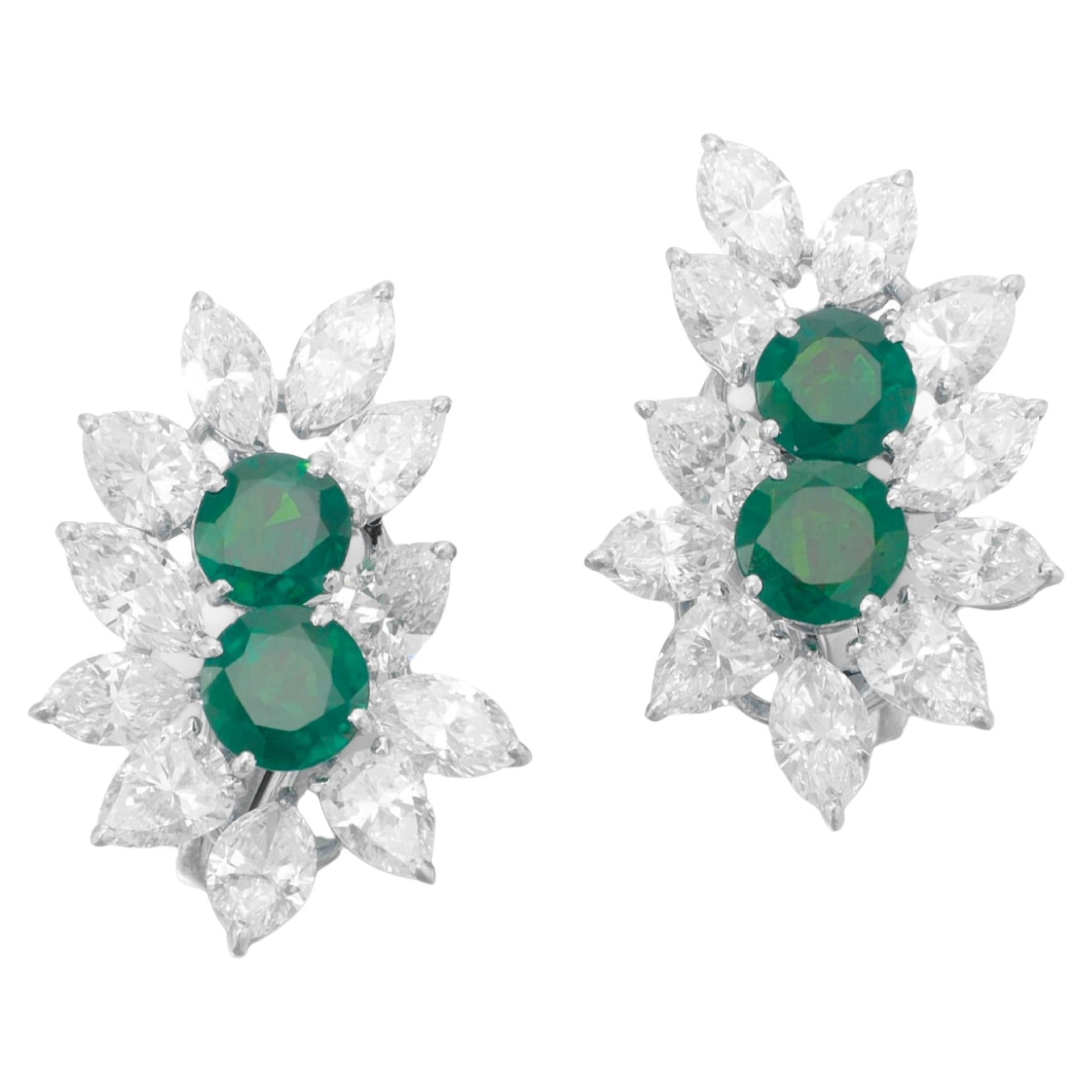 Green Emerald Diamond Floral Design Earrings For Sale