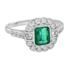 Green Emerald & Diamond Halo Antique Style Engagement 14K White Gold Ring