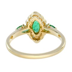 Green Emerald & Diamond Halo Set Art Deco Style Marquise Shape Gold Ring