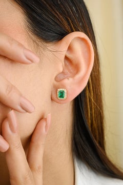 Green Emerald Diamond Halo Stud Earrings in 18k Solid Yellow Gold