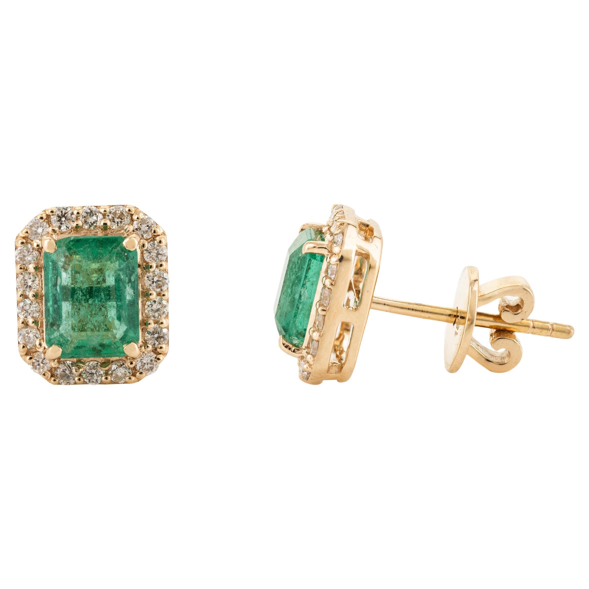 Green Emerald Diamond Halo Stud Earrings in 18k Solid Yellow Gold