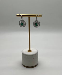 Green Emerald Diamond Lattice Halo 14K White Gold Statement Drop Earrings