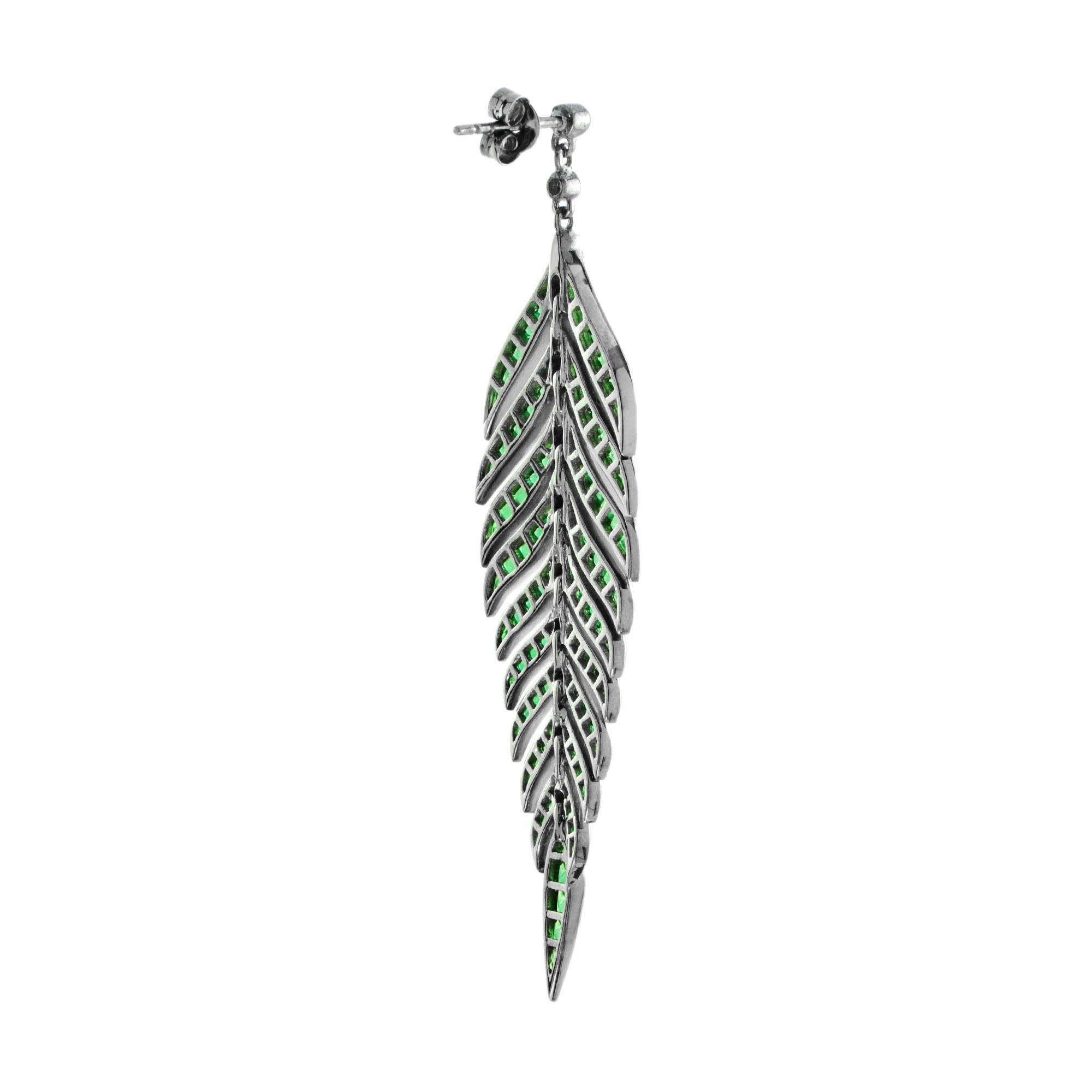 French Cut Green Emerald Diamond Leaf Feather Motif Vintage Style Drop White Gold Earrings For Sale