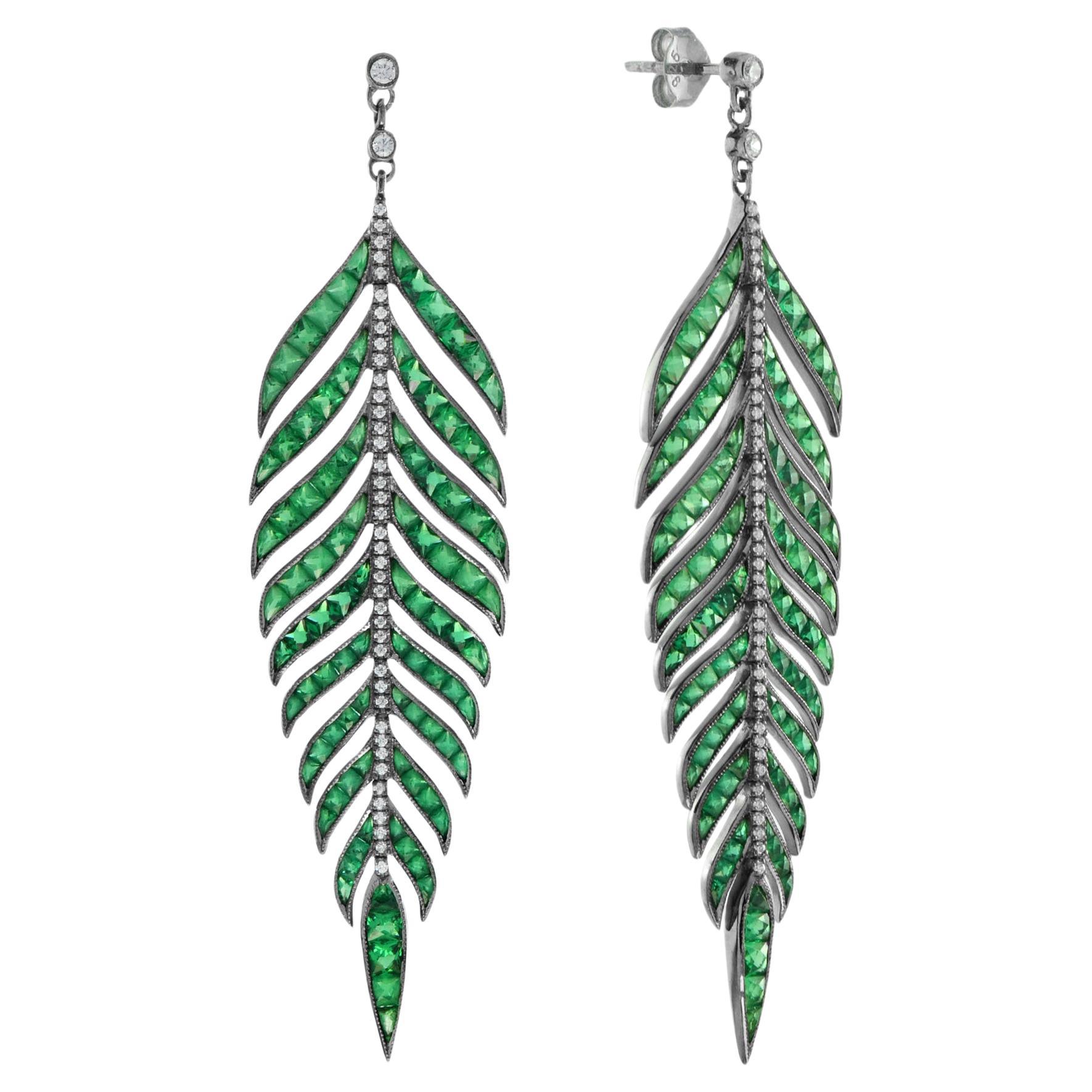 Green Emerald Diamond Leaf Feather Motif Vintage Style Drop White Gold Earrings For Sale