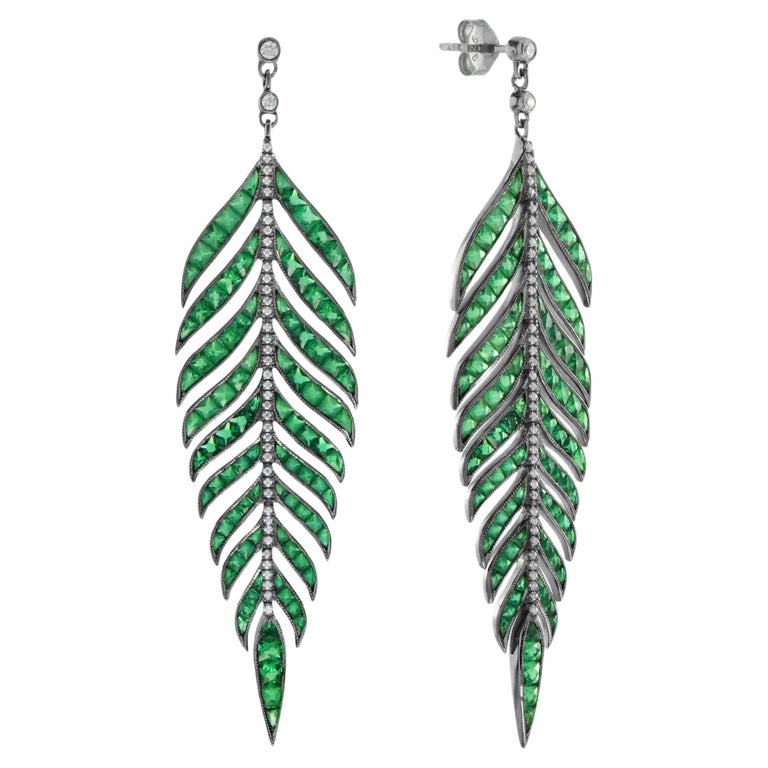 Green Emerald Diamond Leaf Feather Motif Vintage Style Drop White Gold  Earrings For Sale at 1stDibs