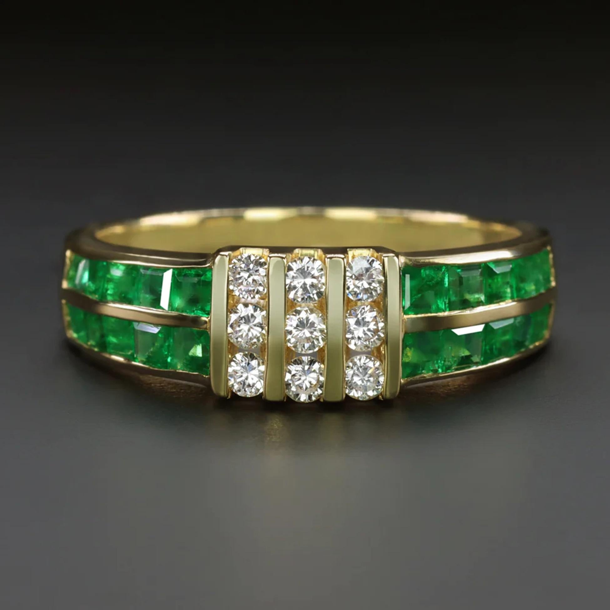 This emerald and diamond band offers a bold and luxurious design with rich pops of green punctuated by bright sparkle.

Highlights:

- 1.10ct of rich green natural emeralds

- 0.25ct of white and eye clean diamonds

- Chunky yellow gold channel