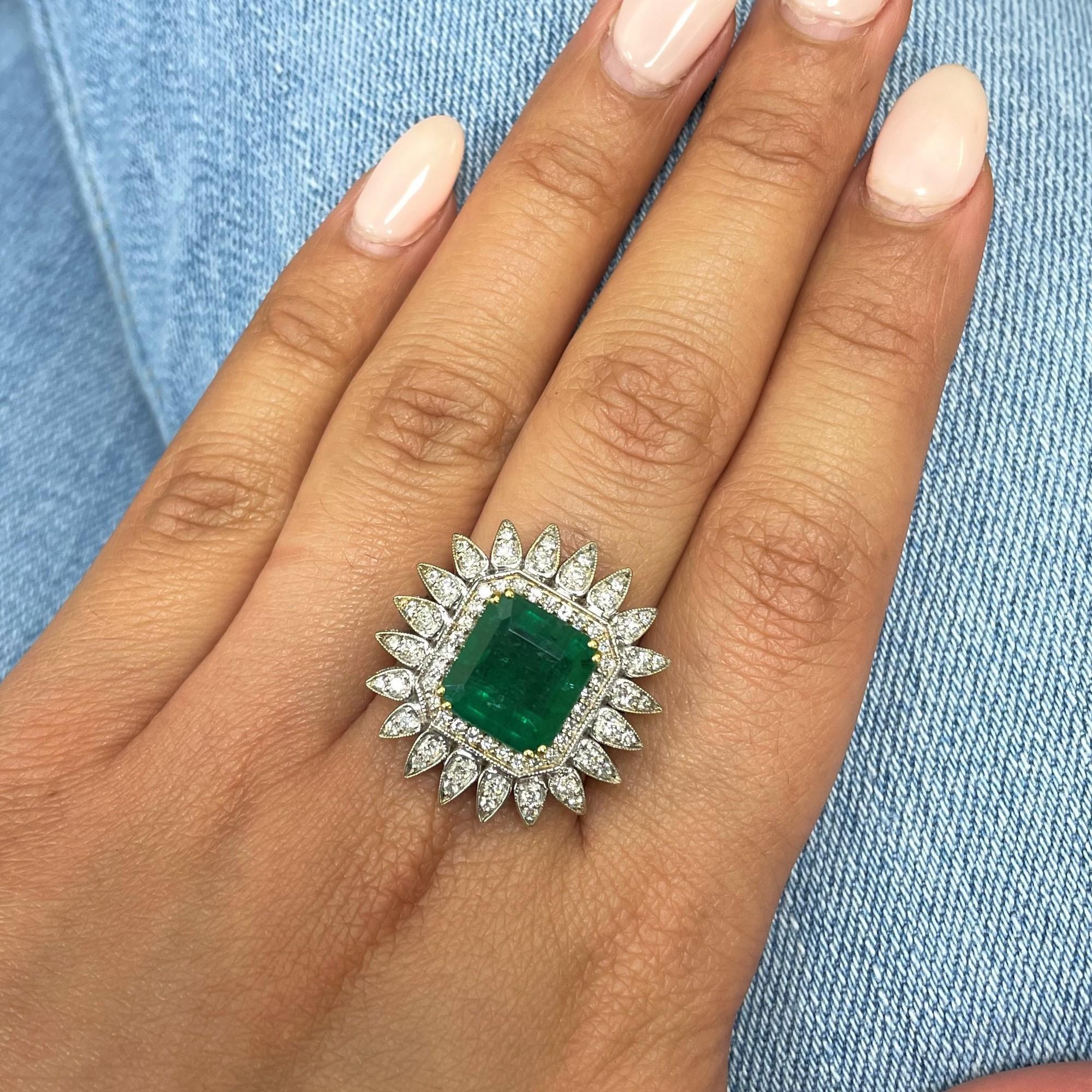 Green Emerald & Diamond Pendant Earring and Ring Set 18K White & Yellow Gold For Sale 6