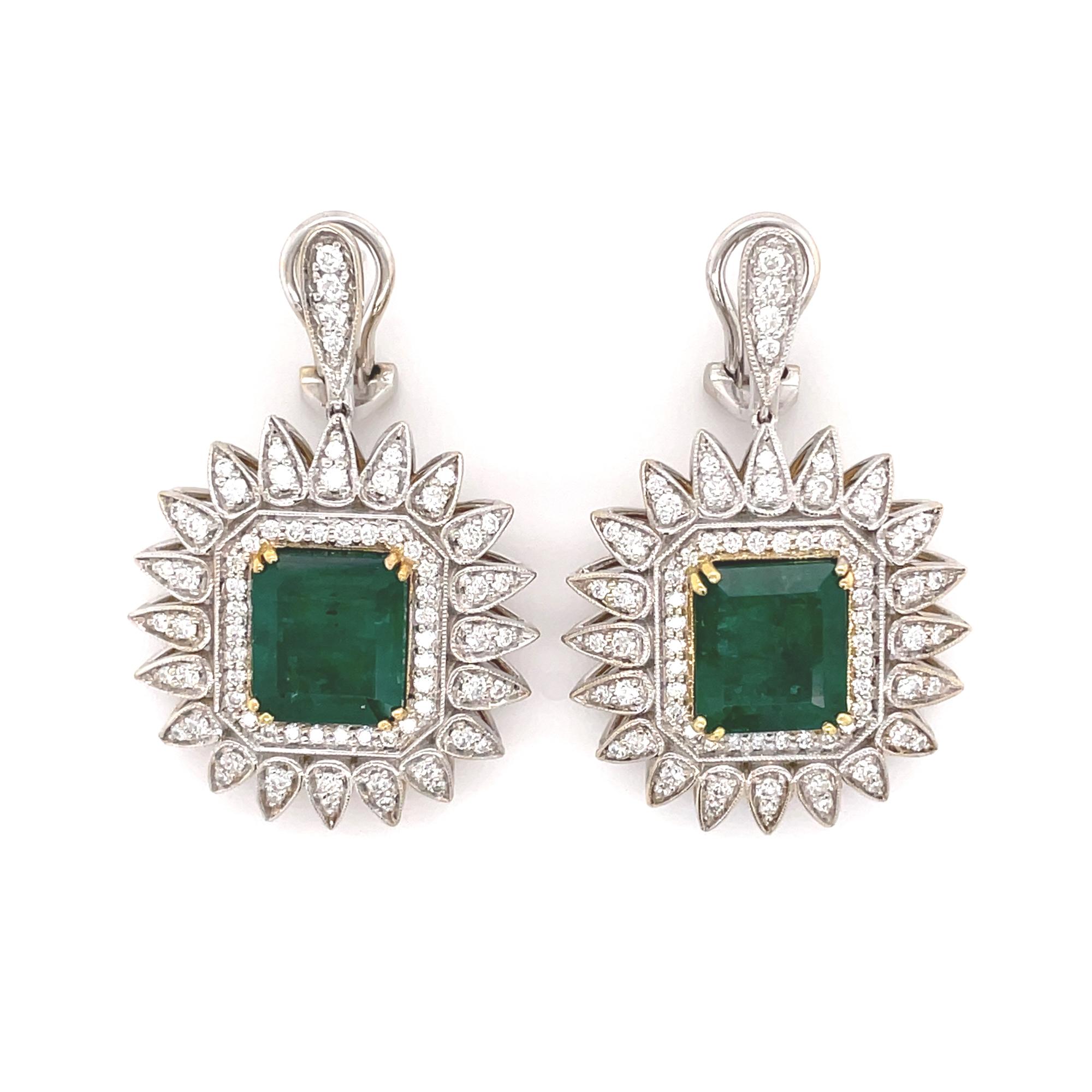 Delight the one you adore with this charming Green Emerald and diamond jewelry set. Crafted in high polished 18K white and yellow gold. The pendant features a prong set emerald cut square shaped emerald weighing 4.57cts with shimmering round