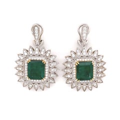 Green Emerald & Diamond Pendant Earring and Ring Set 18K White & Yellow Gold