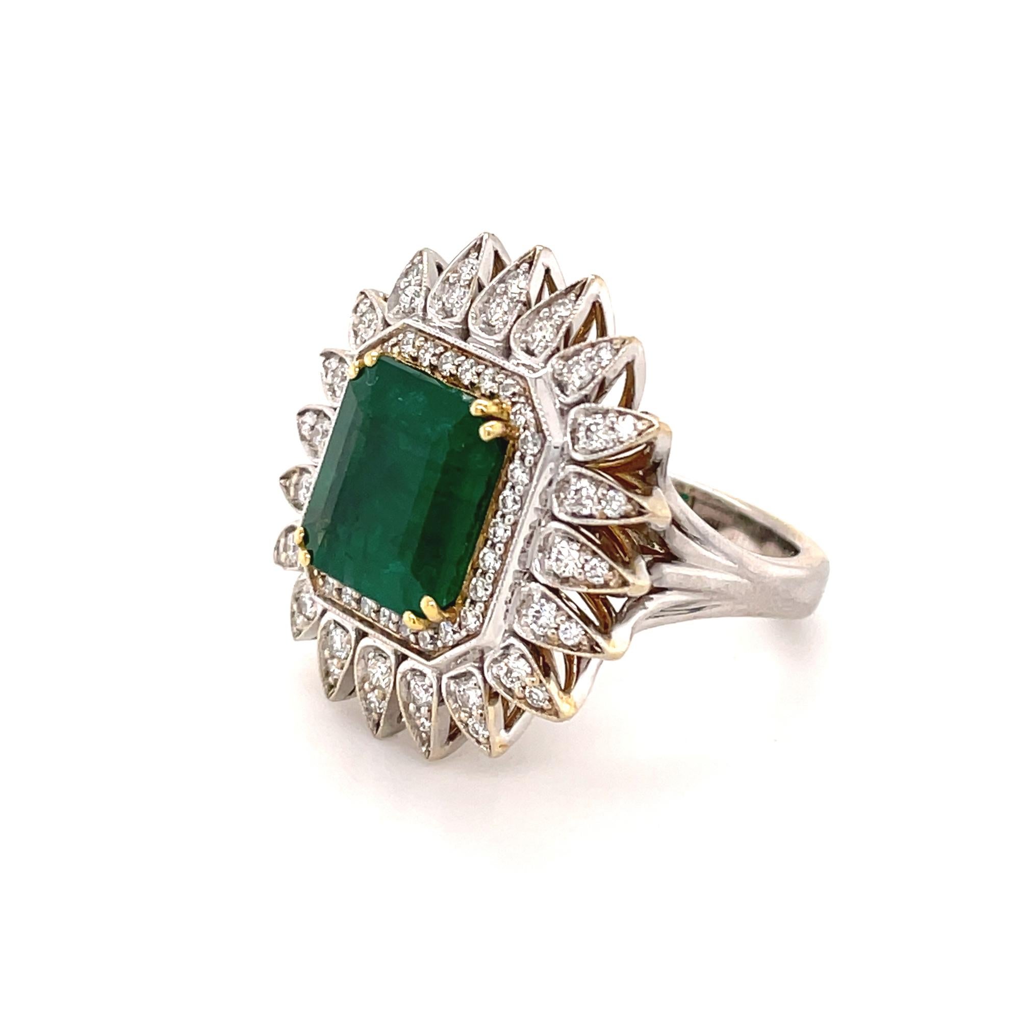 Women's Green Emerald & Diamond Pendant Earring and Ring Set 18K White & Yellow Gold For Sale
