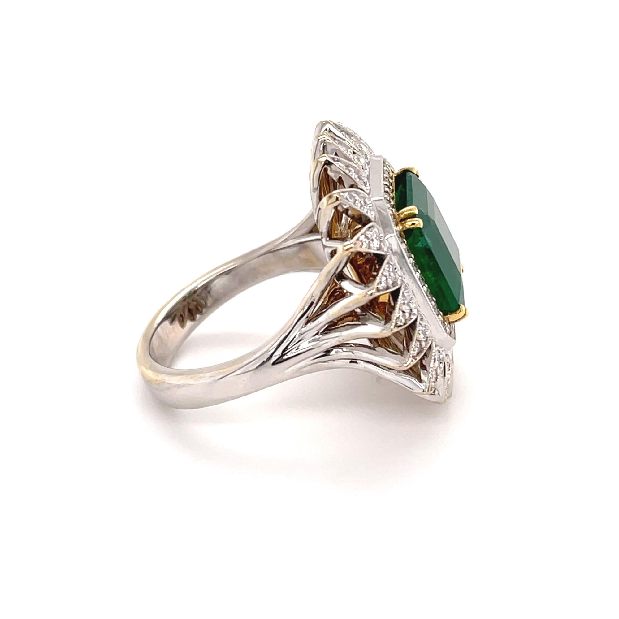 Green Emerald & Diamond Pendant Earring and Ring Set 18K White & Yellow Gold For Sale 1