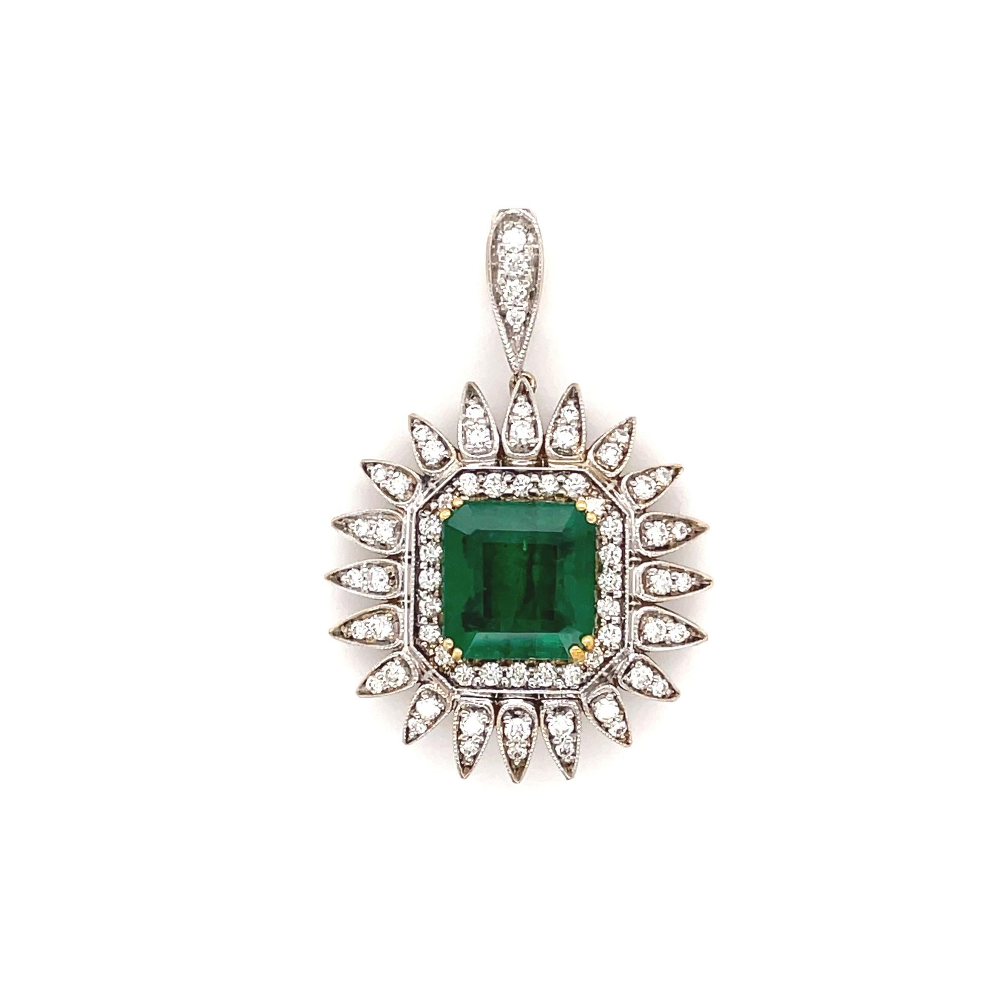 Green Emerald & Diamond Pendant Earring and Ring Set 18K White & Yellow Gold For Sale 3