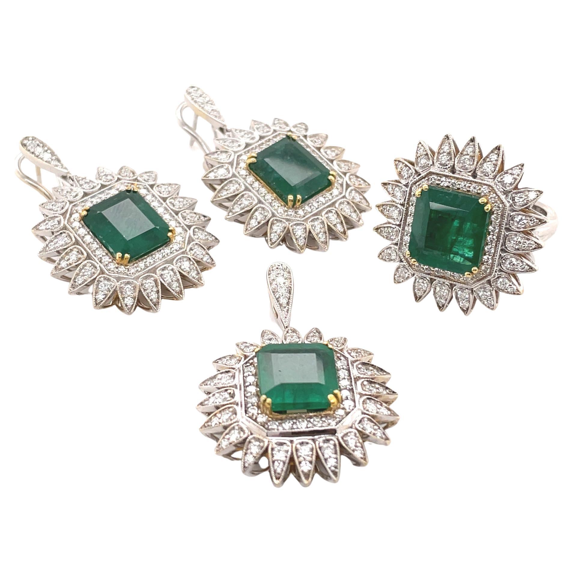 Green Emerald & Diamond Pendant Earring and Ring Set 18K White & Yellow Gold