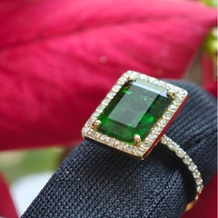 Green Emerald Diamond Ring Total Carat Weight 4.10 Carat in 14 K Yellow Gold