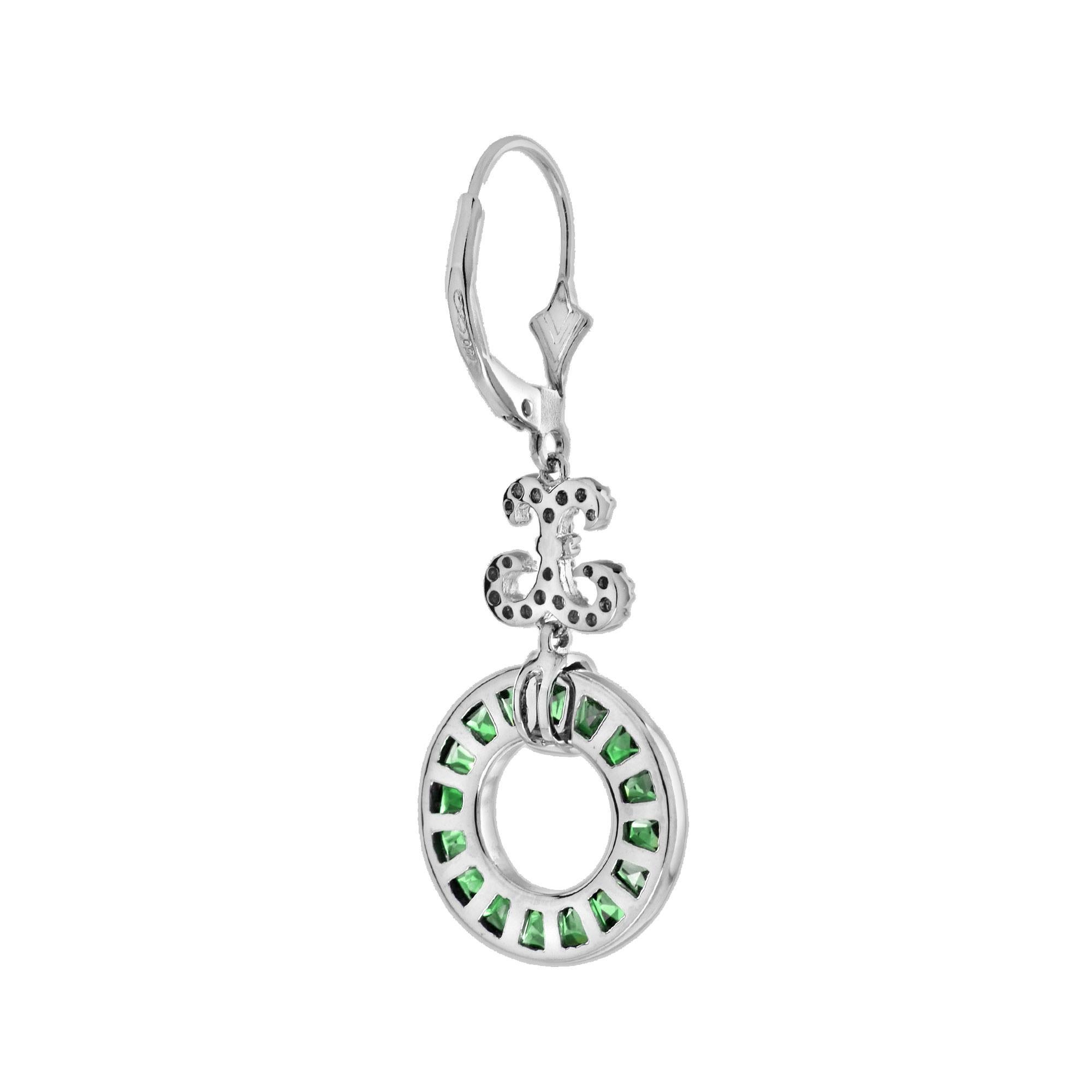 Art Deco Green Emerald & Diamond Round Openwork Motif Drop 14K White Gold Earrings For Sale