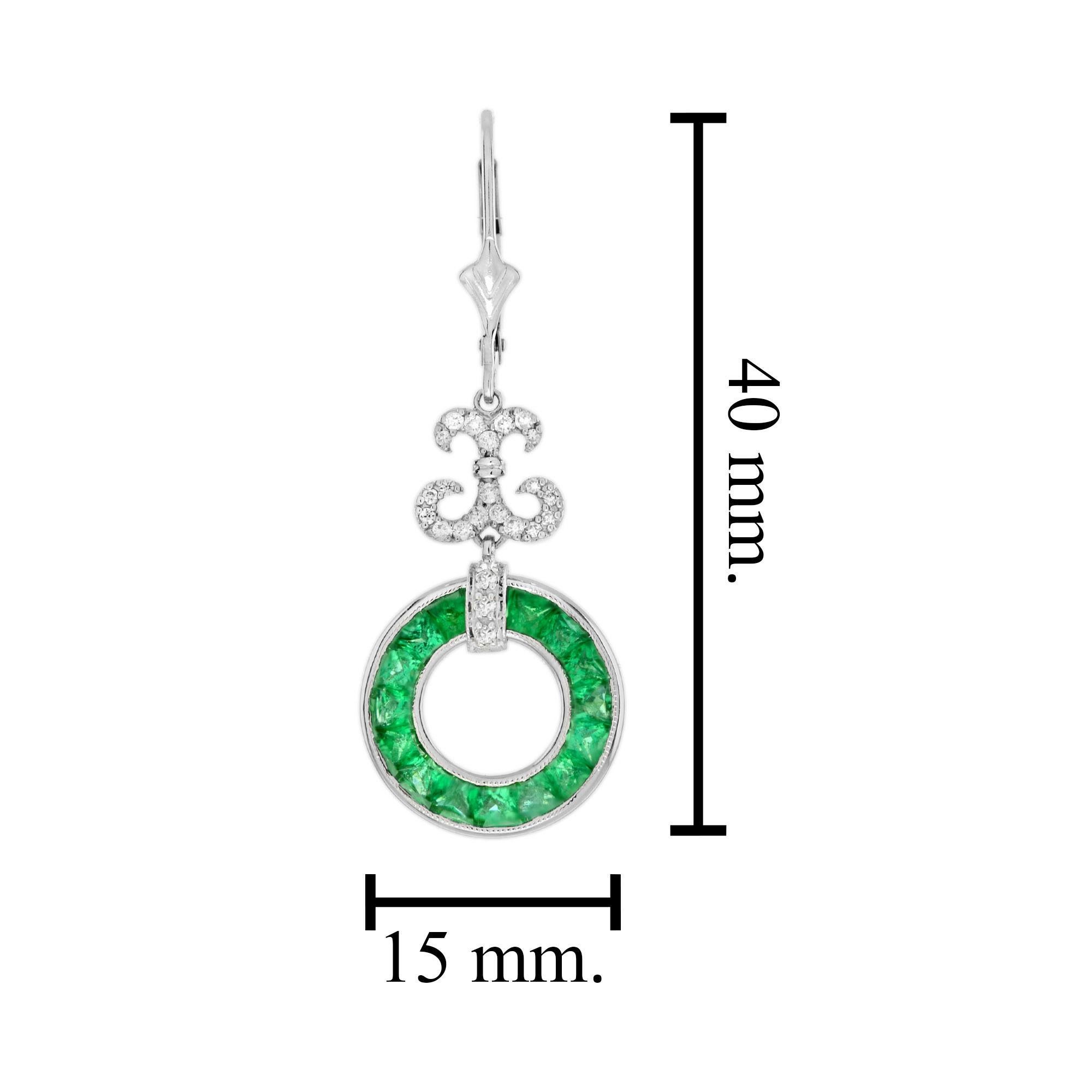 French Cut Green Emerald & Diamond Round Openwork Motif Drop 14K White Gold Earrings For Sale