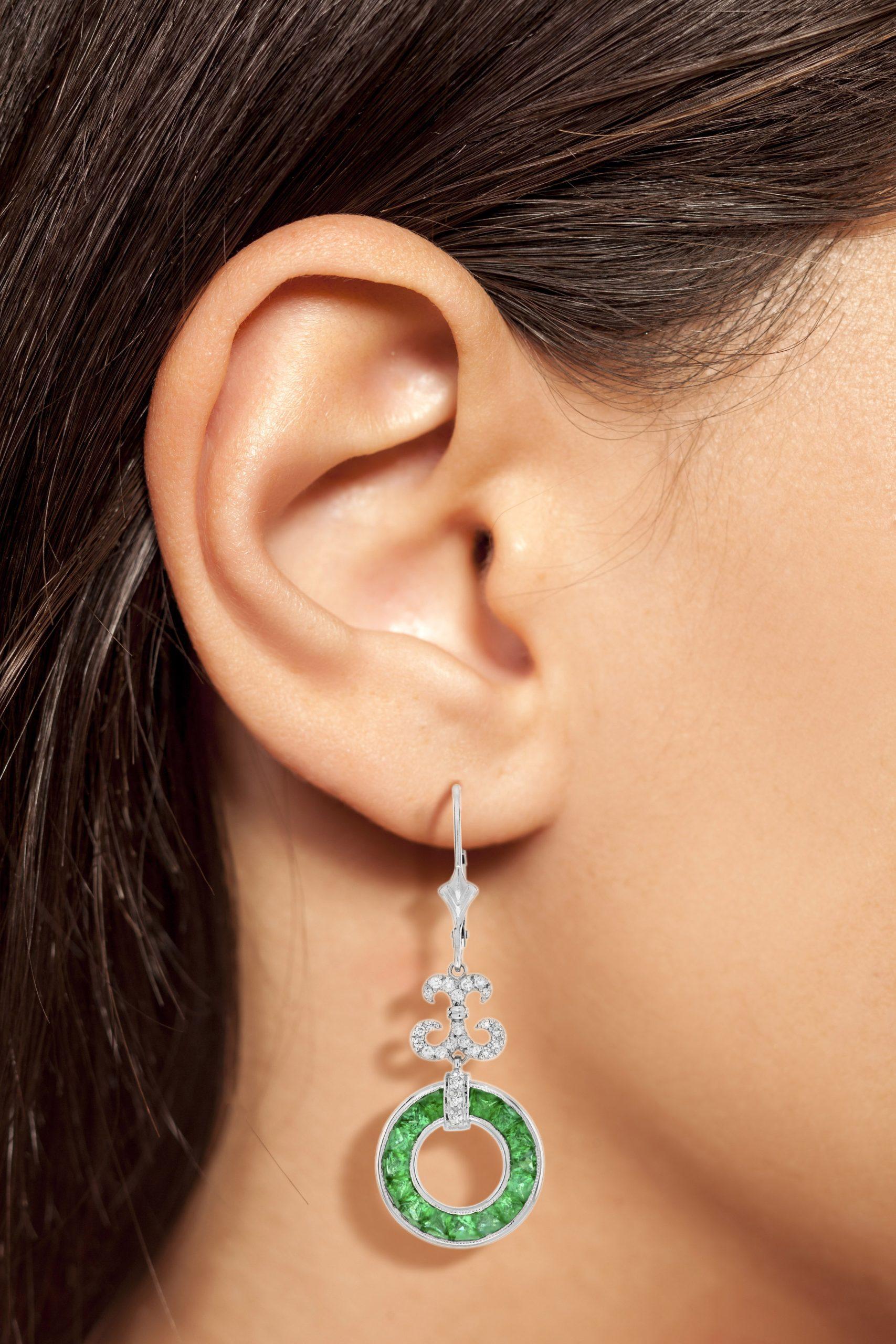 Green Emerald & Diamond Round Openwork Motif Drop 14K White Gold Earrings In New Condition For Sale In Oakton, VA