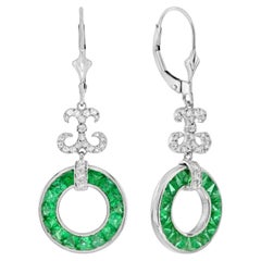 Green Emerald & Diamond Round Openwork Motif Drop 14K White Gold Earrings