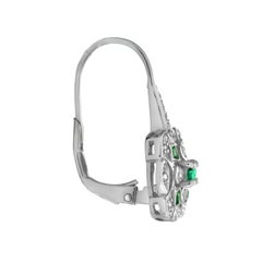 Green Emerald & Diamond Square Shape Art Deco Inspired Cluster 14K Gold Earrings