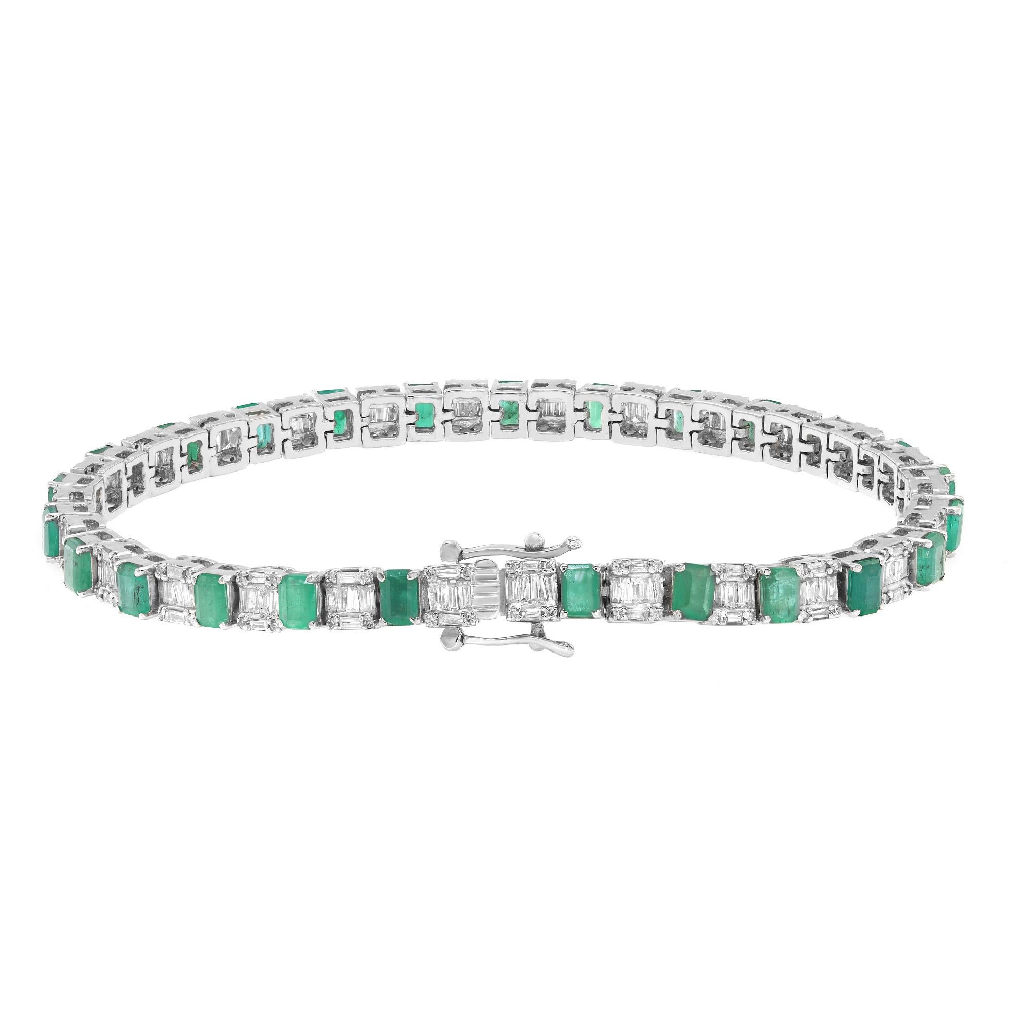 This beautifully crafted tennis bracelet features emerald cut emeralds with baguette and round cut diamonds in prong and channel setting. Crafted in 14k white gold. Total diamond weight: 2.48 carats. Diamond Quality: G-H color and SI clarity. Total