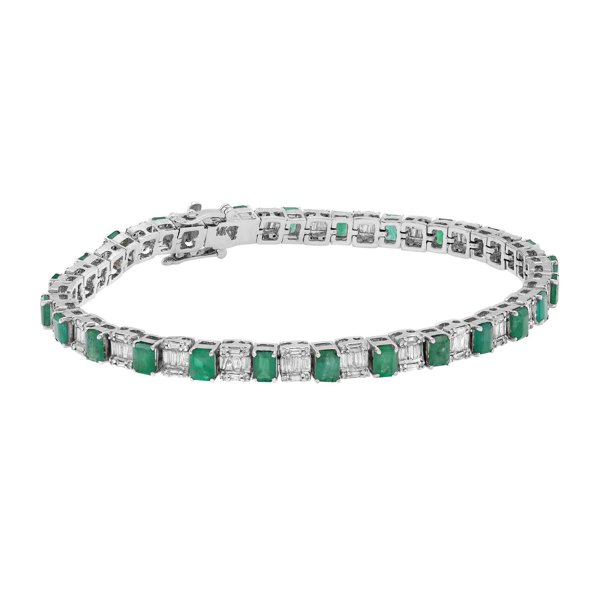 Modern Green Emerald & Diamond Tennis Bracelet 14K White Gold For Sale