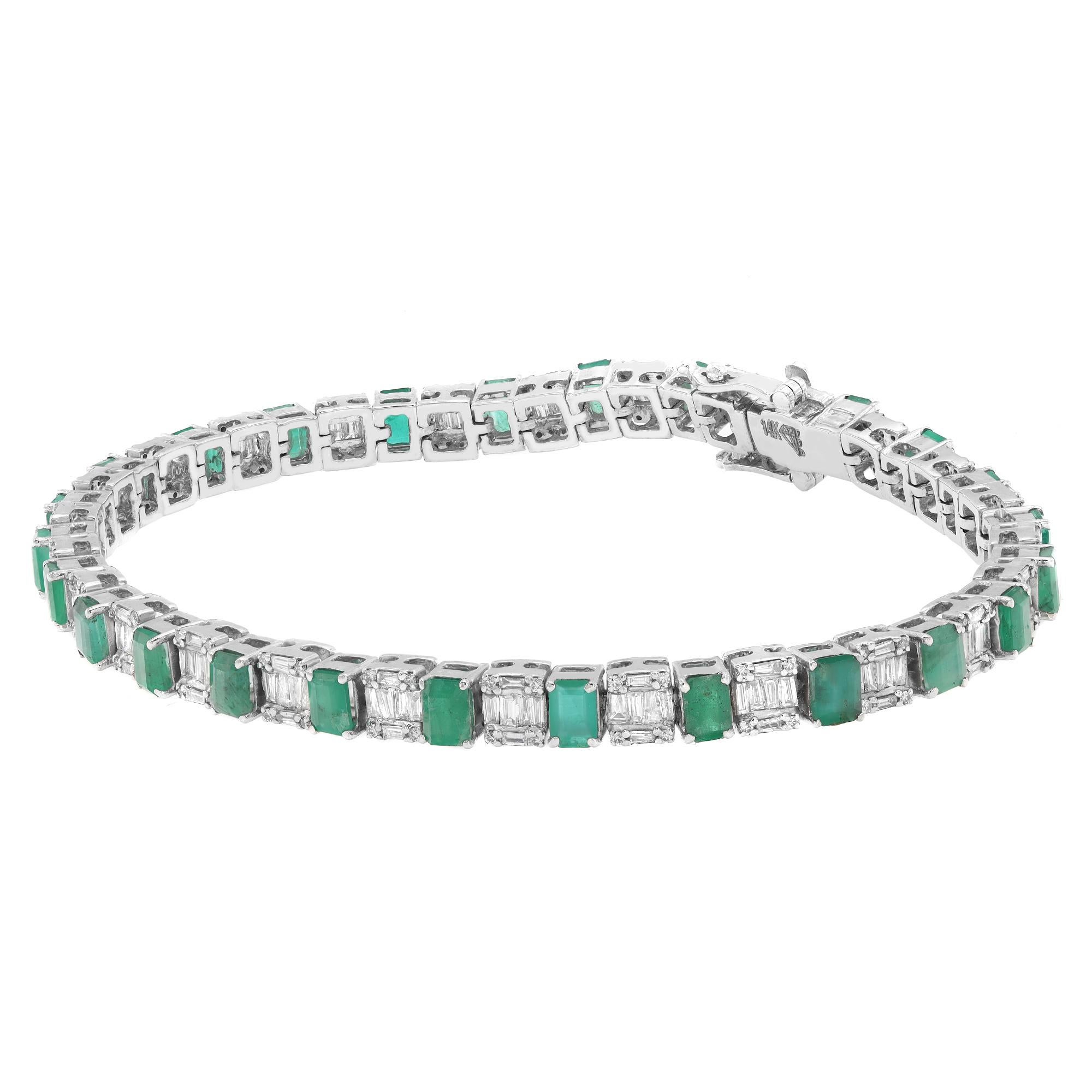 Emerald Cut Green Emerald & Diamond Tennis Bracelet 14K White Gold For Sale