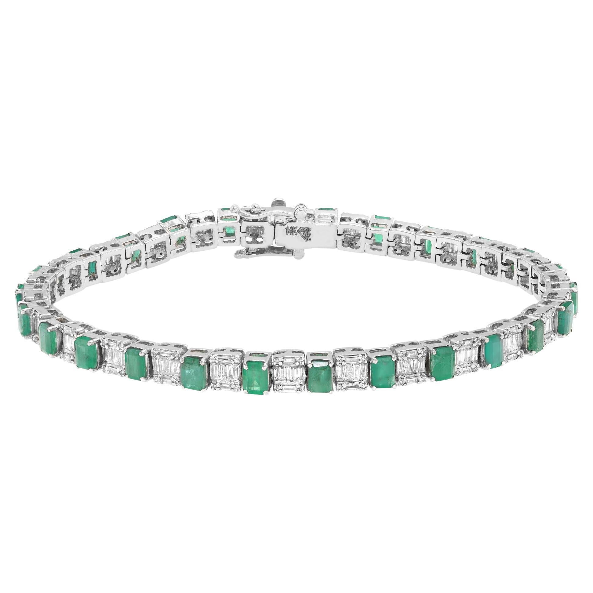 Green Emerald & Diamond Tennis Bracelet 14K White Gold For Sale