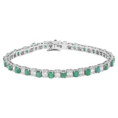 Green Emerald & Diamond Tennis Bracelet 14K White Gold