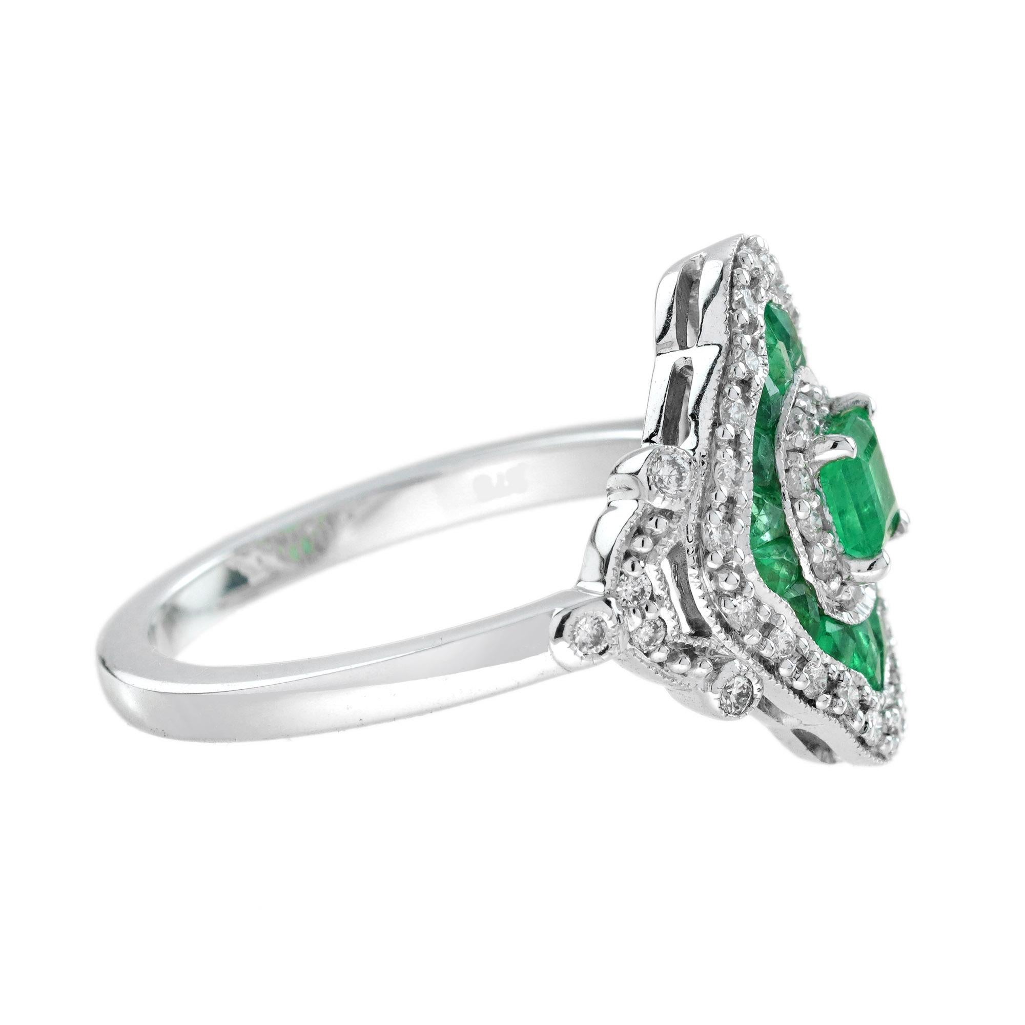 Esmeralda Verde y Diamante Anillo Único de Oro Blanco Estilo Eduardiano de Inspiración Vintage Corte octogonal en venta
