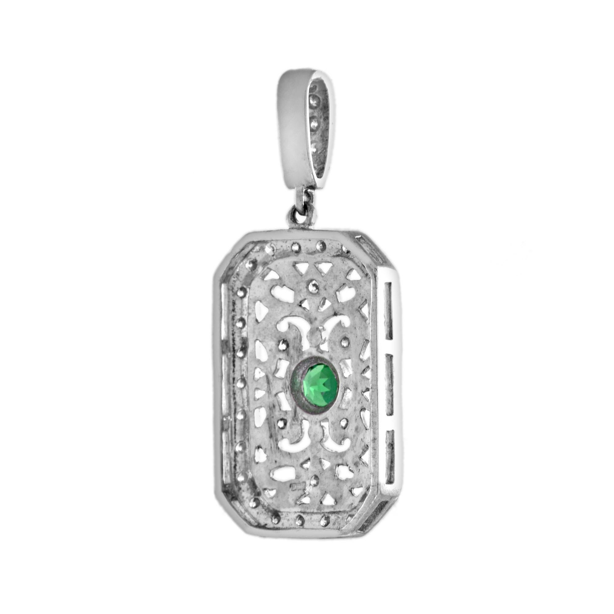 Round Cut Green Emerald & Diamond Vintage Style Filigree 14K White Gold Pendant For Sale