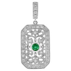 Green Emerald & Diamond Vintage Style Filigree 14K White Gold Pendant