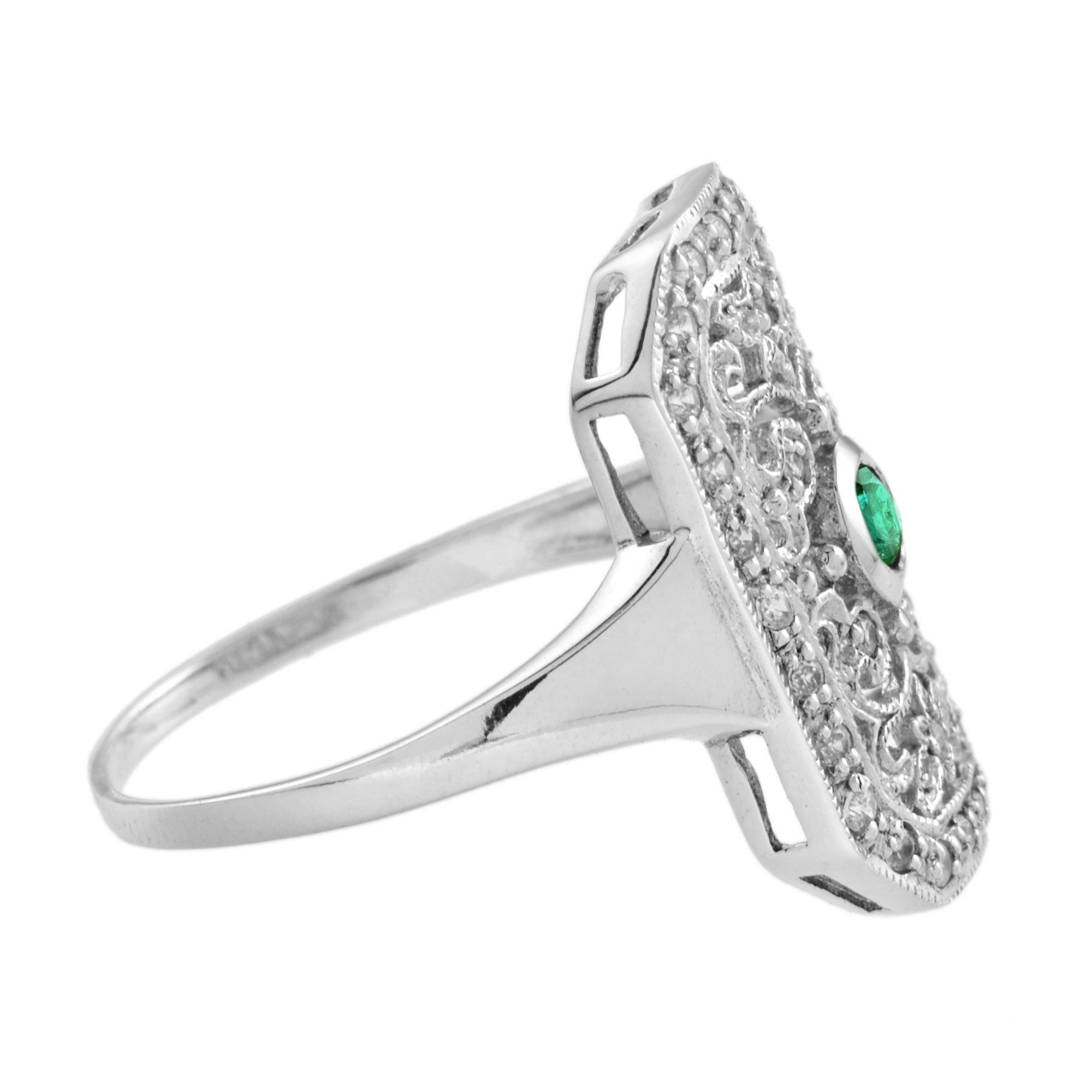 Art Deco Green Emerald & Diamond Vintage Style Filigree 14K White Gold Shield Ring For Sale