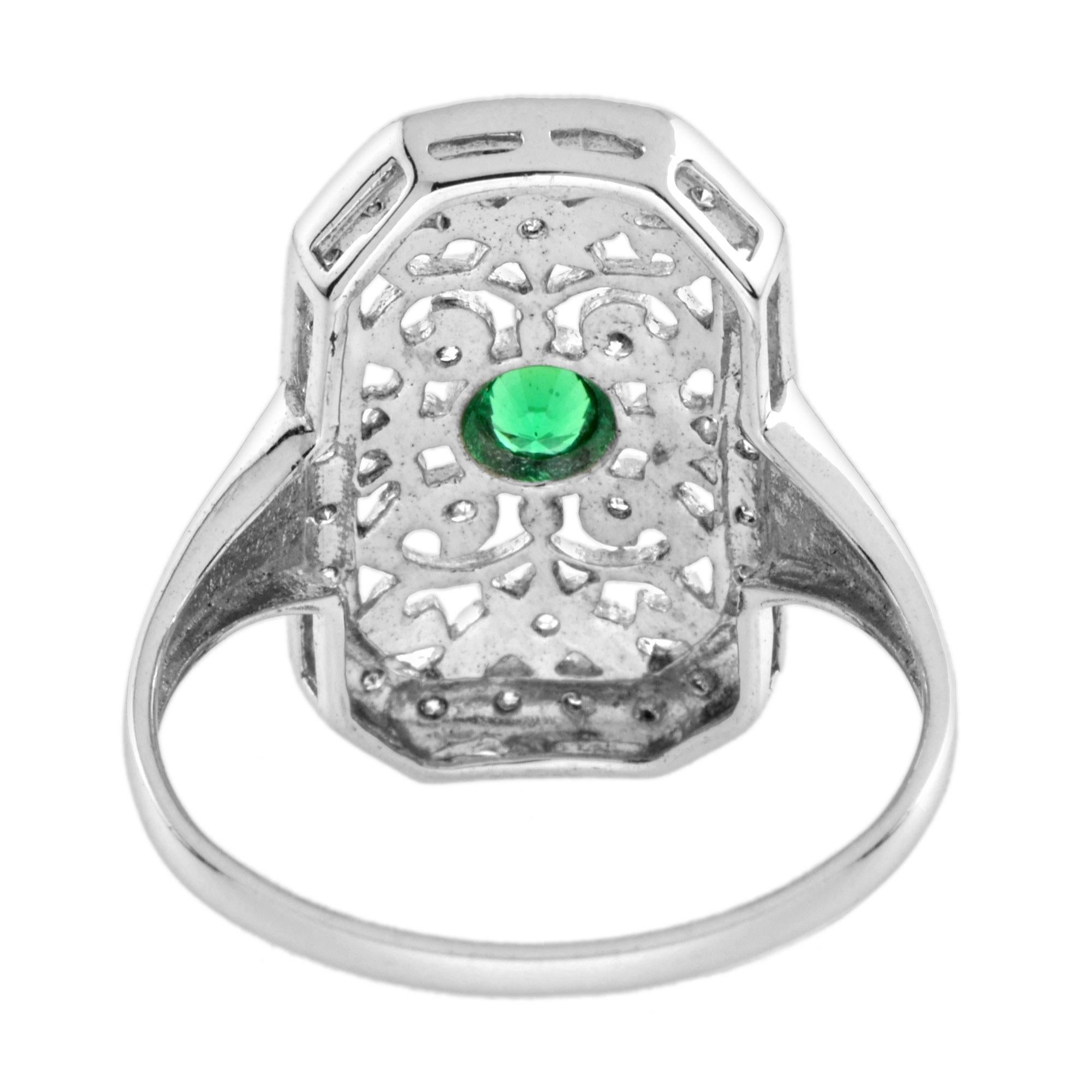 Round Cut Green Emerald & Diamond Vintage Style Filigree 14K White Gold Shield Ring For Sale
