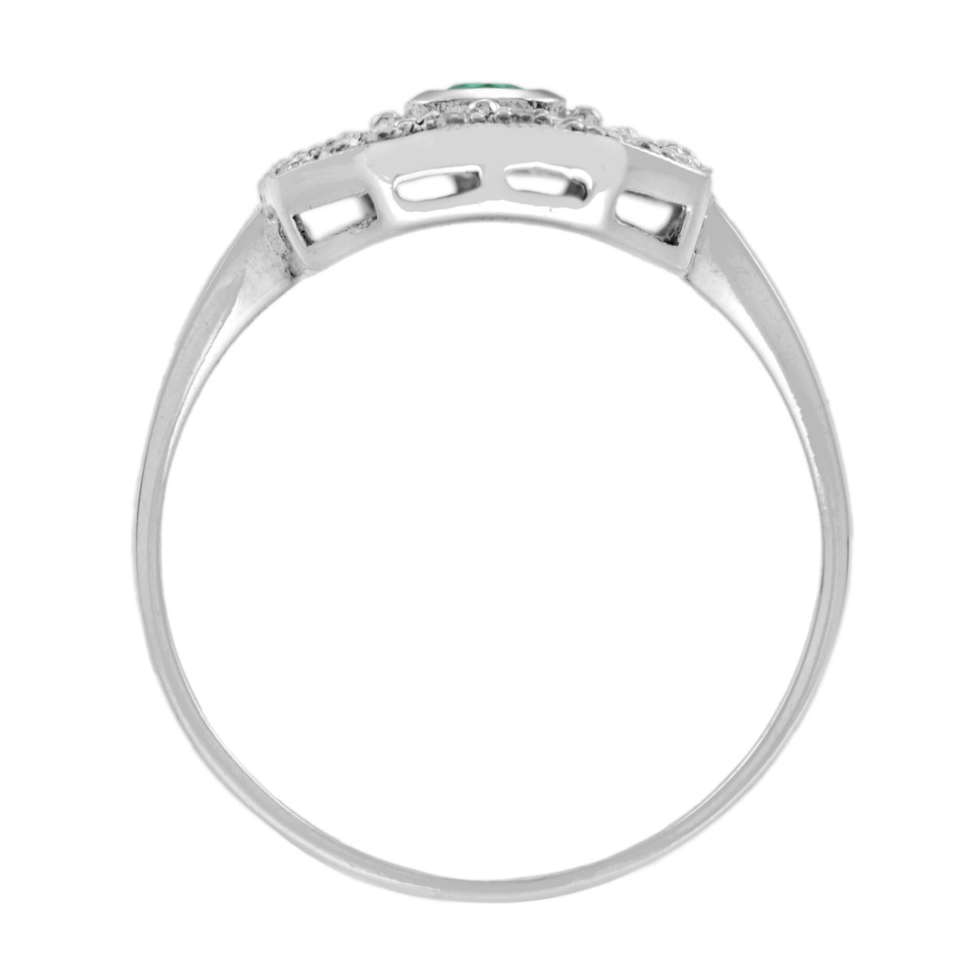 Green Emerald & Diamond Vintage Style Filigree 14K White Gold Shield Ring In New Condition For Sale In Oakton, VA