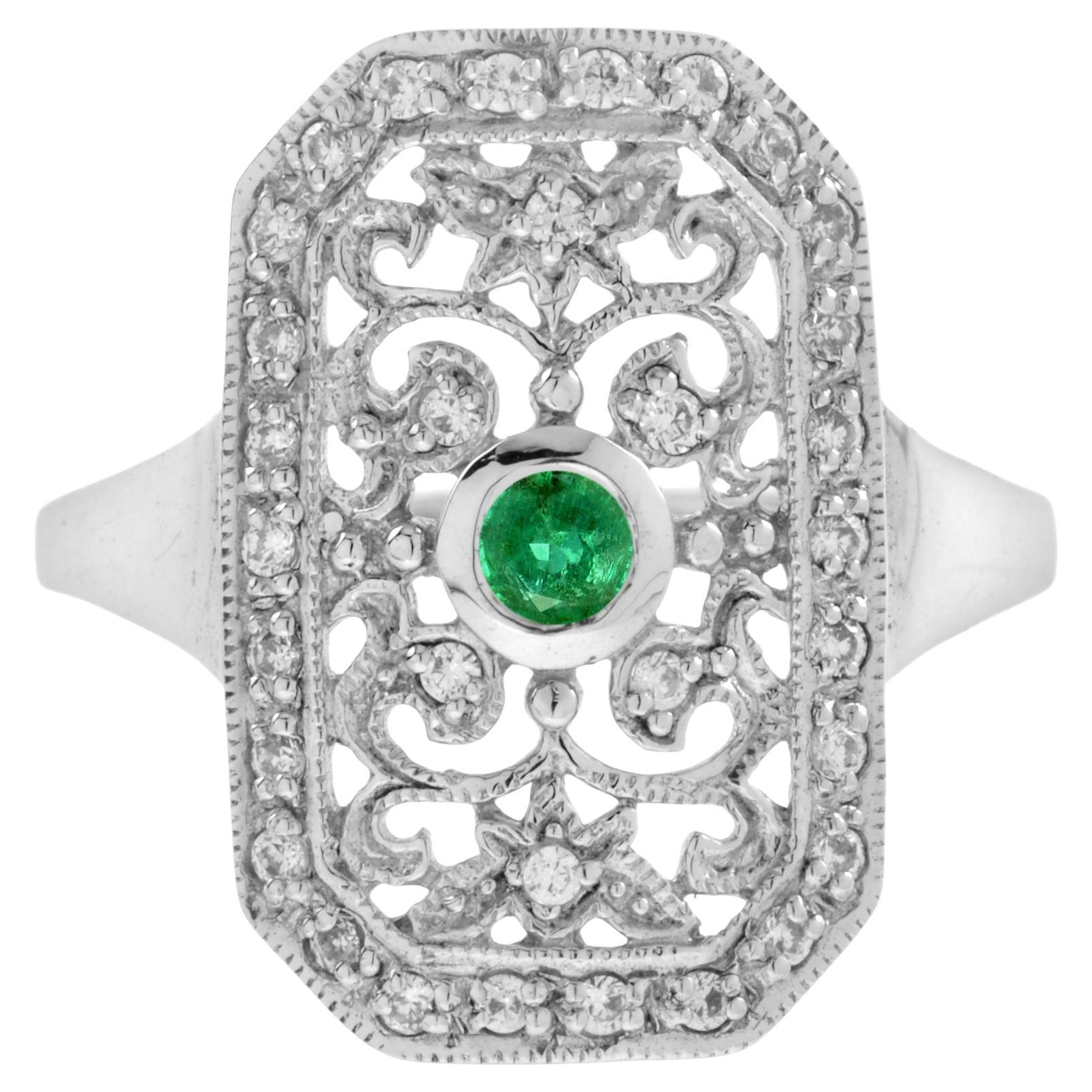 Green Emerald & Diamond Vintage Style Filigree 14K White Gold Shield Ring