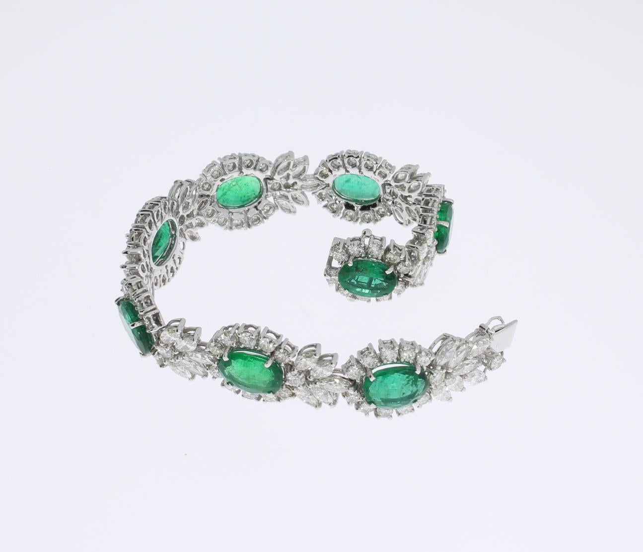 Women's Green Emerald Diamond White Gold Link Bracelet