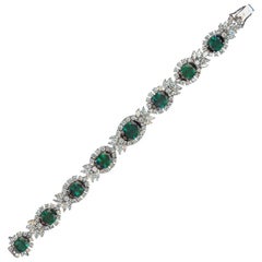 Retro Green Emerald Diamond White Gold Link Bracelet