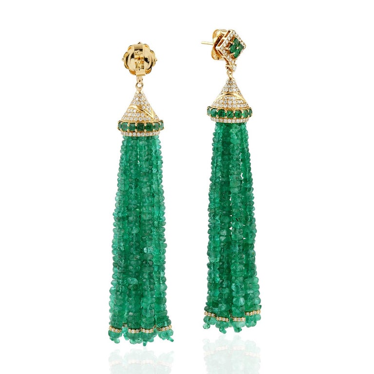 Emerald Tassel Earrings with Diamond Pave Top in 18K Yellow Gold For Sale at 1stDibs